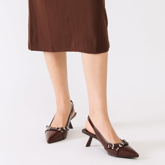 Women's Dark Brown Pointed Toe Pumps Patent Leather Slingback Heels With Buckle - Picture 7 of 9